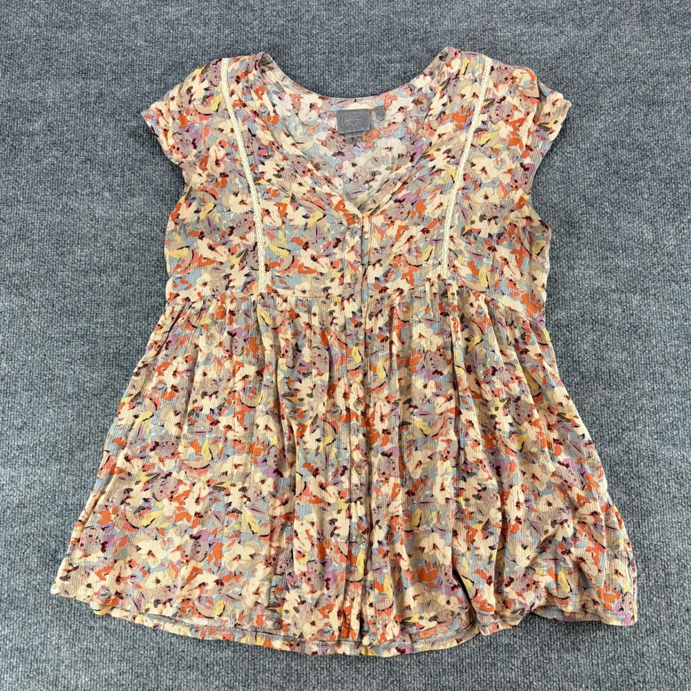 Vanessa Virginia Anthropologie Floral Babydoll Top Multi-Color Button Front S